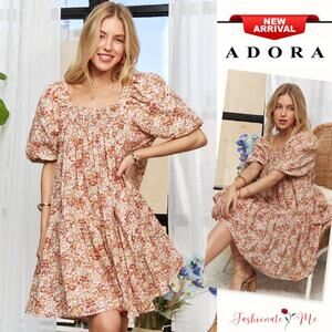 ADORA Floral Print Square Neck Puff Sleeves Relaxed Fit Mini Dress | Orange